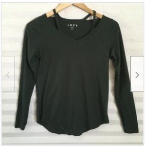 Loft Long Sleeve‎ Straps V Neckline Blouse Top Forest Green